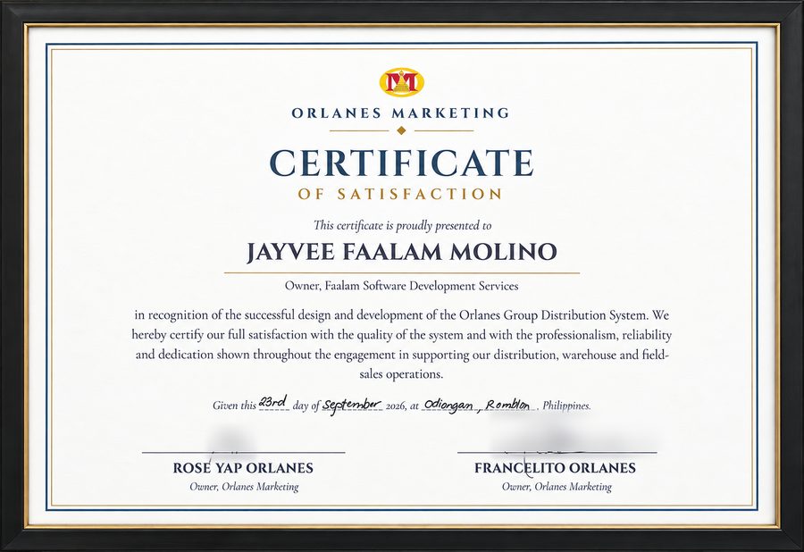 Certificate of Satisfaction from Orlanes Marketing, presented to Jayvee Faalam Molino for the design and development of the Orlanes Group Distribution System