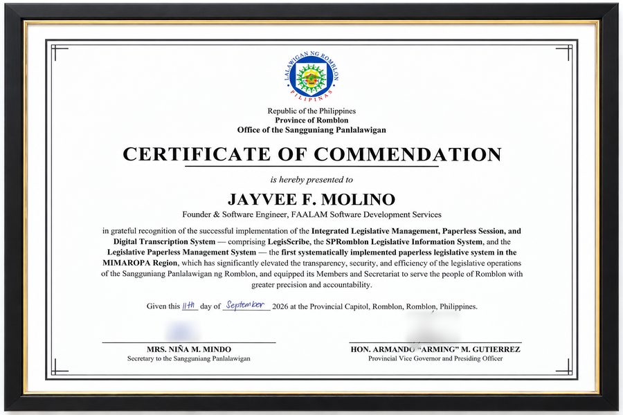 Certificate of Commendation from the Office of the Sangguniang Panlalawigan, Province of Romblon, presented to Jayvee F. Molino for the Integrated Legislative Management, Paperless Session, and Digital Transcription System