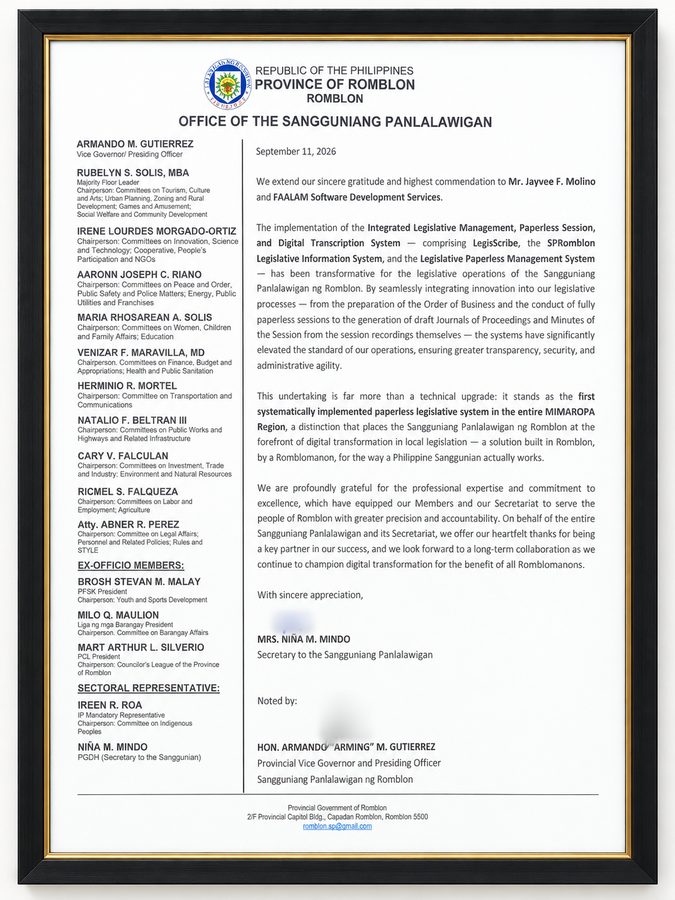 Letter of commendation from the Office of the Sangguniang Panlalawigan, Province of Romblon, to Mr. Jayvee F. Molino and FAALAM Software Development Services